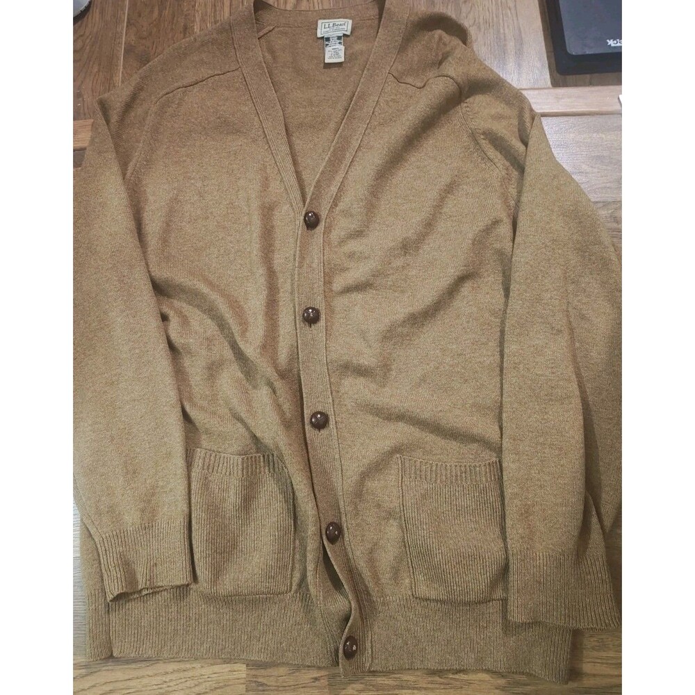 L.L. Bean Cardigan Sweater Mens L-Tall Camel Lambswool Grandpa Retro Classic